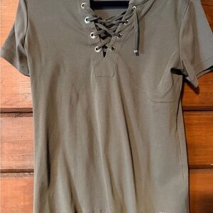 Tommy Hilfiger Olive Green Lace-Up Short Sleeve Shirt